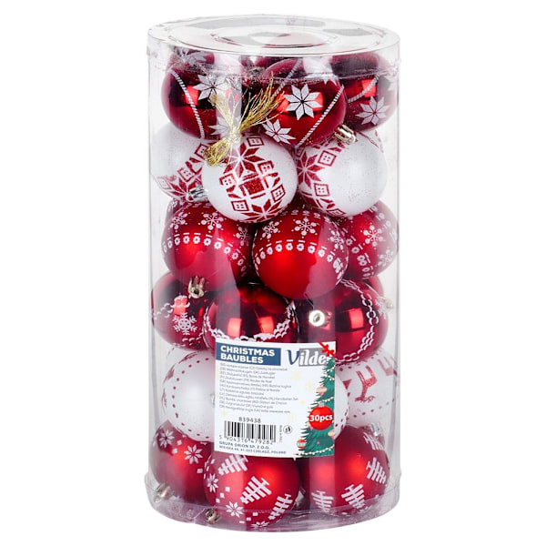 Sprængsikre julekugler rød hvid 6 cm 30 stk.