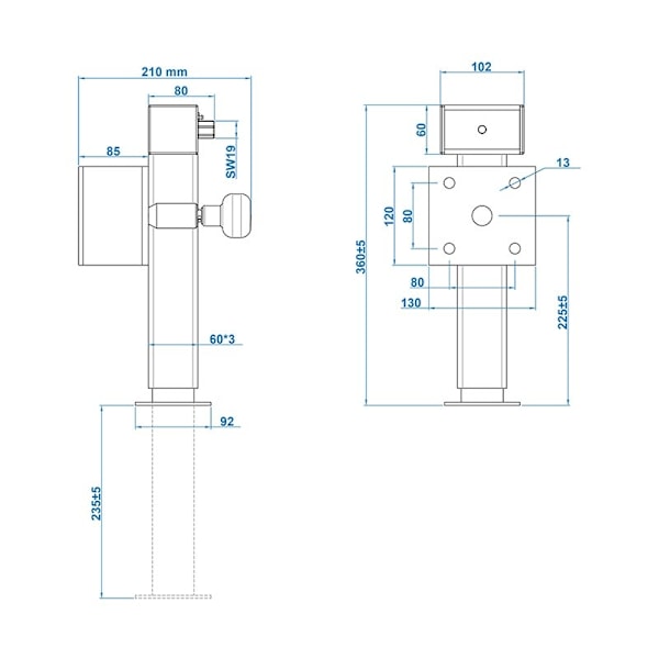 Stativstativ 60x60 mm vridbart SF60 D85 SW19 360-595 mm 1300 kg