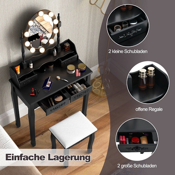 Sminkbord med LED-belysning justerbar ljusstyrka sminkbord med 4 lådor svart