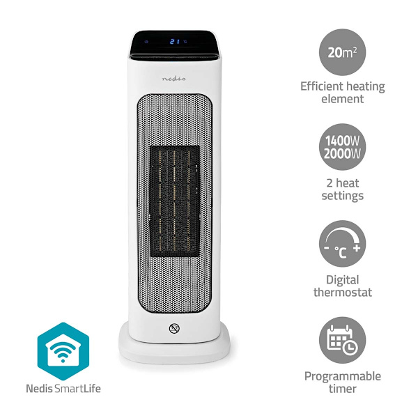 SmartLife Keramisk PTC Fläktvärmare | Wi-Fi | 2000 W | 2 Värmeinställningar | Svängning | Display | 10 - 49 °C | Android™ / IOS | Vit Vit