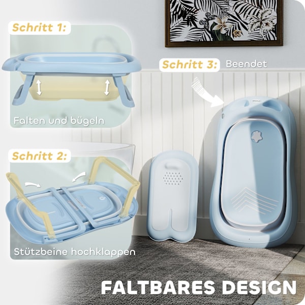 Set med 2 babybadkar, hopfällbart babybadkar med ram, halkfritt babybadkar, badkar, duschbricka för småbarn 0-3 år, ljusblå