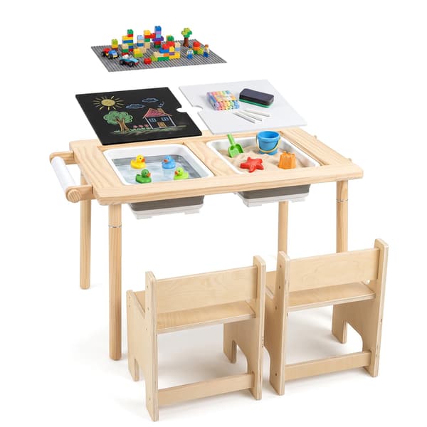 Justerbart aktivitetsbord och stolsset för barn, naturträ