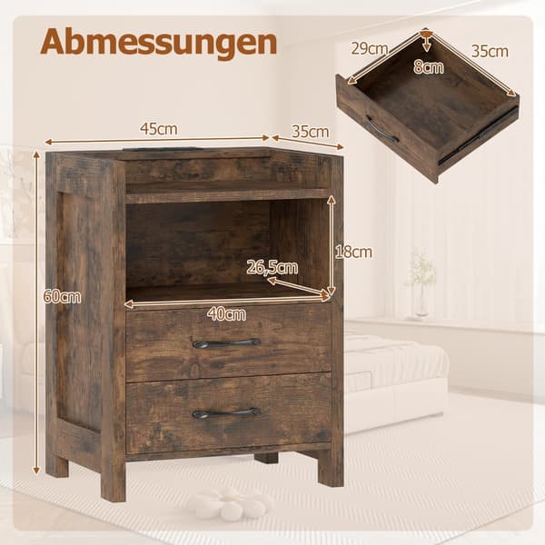 LED-natbord med ladestation, 2 skuffer, rustik brun