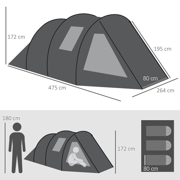 Tunneltelt 4-Personers Campingtelt Med 2 Rum, Uv-Beskyttelse, Bæretaske, 2000 Mm Vandsøjle, Sort