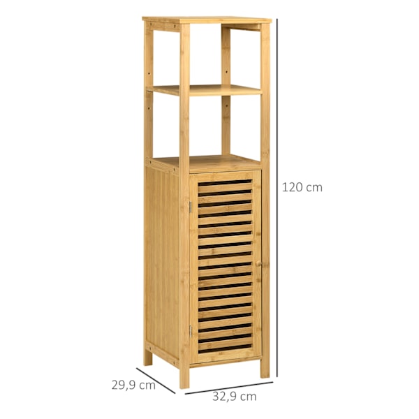 Højdejusterbart badeværelsesskab, badeværelsesskab af bambus, badeværelsesmøbel med skab, to åbne hylder, til badeværelse, ca 33 x 30 x 120 cm naturtr