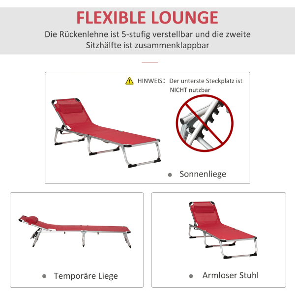 Liggestol Haveseng Liggestol Af Aluminium Stof Afslapningsstol 5-Vejs Justerbar Foldbar Ergonomisk Mesh Rød 170 X 60 X 76 Cm