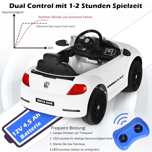 VW Beetle lastenauto musiikilla ja 2 valaistustilalla, mukaan lukien 2.4G kaukosäädin valkoinen