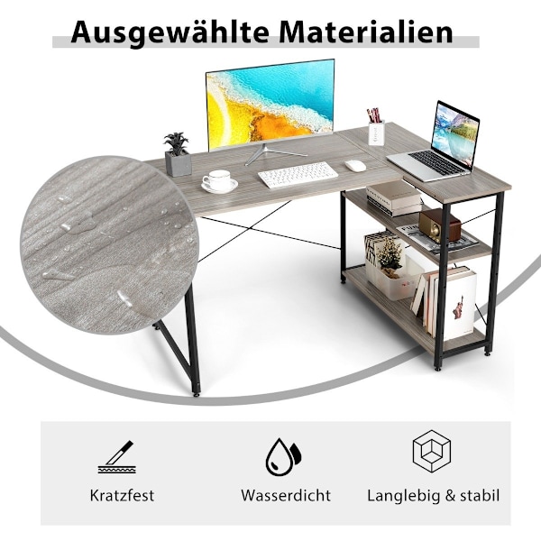 L-formet skrivebord hjørne computerbord med opbevaringsrum kontorbord 120 x 88 x 74,5 cm grå