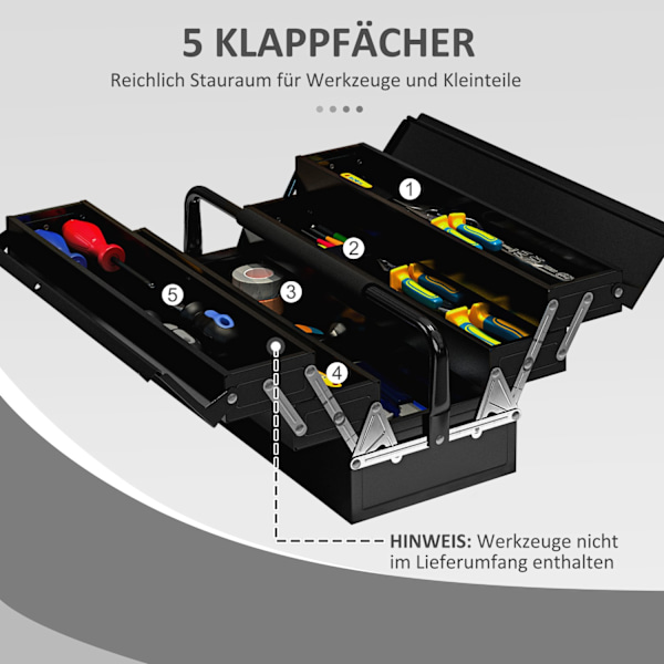 Værktøjskasse, værktøjskasse, 5 rum, foldbart stål (SPCC) sort, 56 x 20 x 41 cm