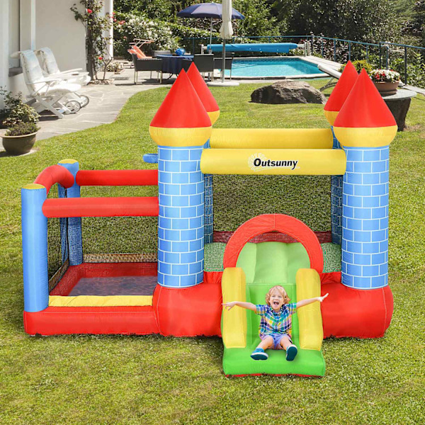 Bouncy Castle Liukumäellä Ja Uima-Altaalla Puhallettava Leikkilinna 3 Lapselle, Oxford & Polyesteri Kangas, Punainen+Sininen+Vihreä, 3-8 Vuotta