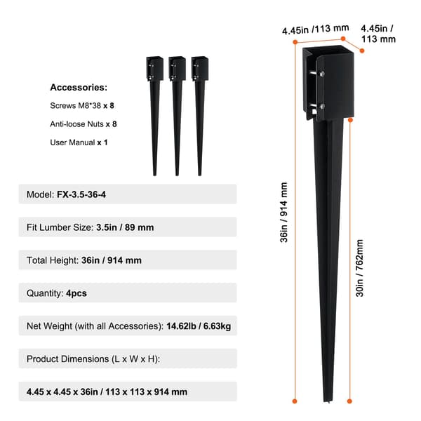 Markspett för staketstolpar, 4-pack, 91 cm, passar 9,5 cm