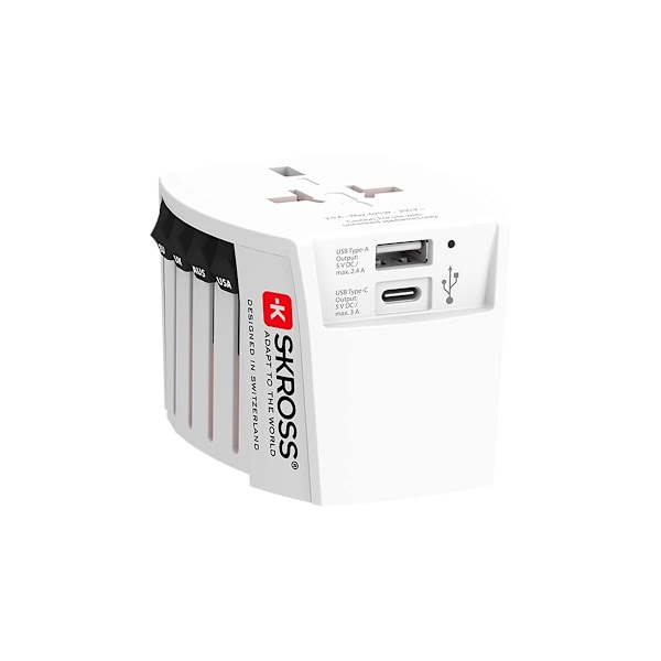 Matkasovitin Innovatiivinen 2-napainen integroidulla kaksois-USB-laturilla (1 x USB C & 1 x USB) Valkoinen