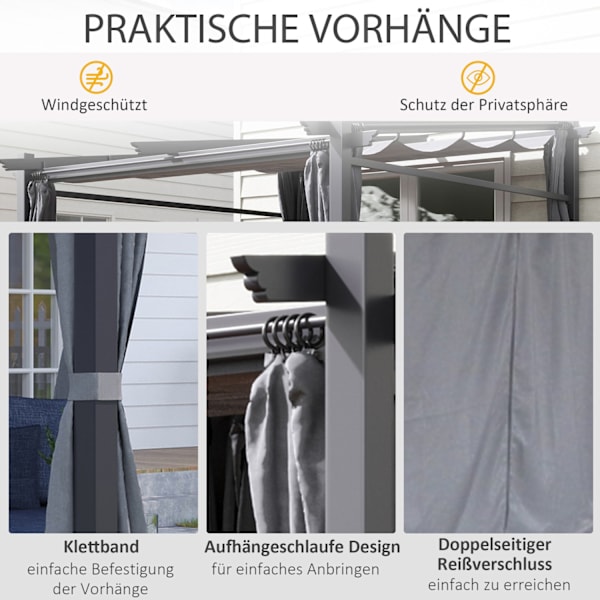 Pergola 2,97X2,95M Vandafvisende Lysthus Med Solsejl Og Sidepaneler, Polyester, Mørkegrå