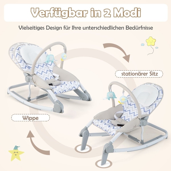 2 i 1 babyrocker hopfällbar bärbar babygunga med 3-nivå justerbart ryggstöd grå