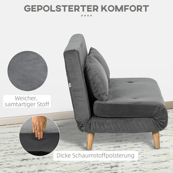 Sovesofa 2-Personers Sofa Med Sengefunktion, Klapsofa Med Justerbart Ryglæn, Hynder, Sovesofa Med Fløjlslook, Grå, 130 X 78 X 79Cm