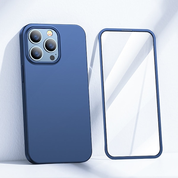 Cover til iPhone 13 Pro, bag- og frontcover + hærdet glas, blå