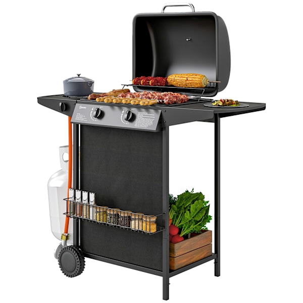 Gasgrill 7 KW grillvagn inklusive 3 brännare sida spis rull tryckreducerare lock gasslang 2 värmezoner termometer sidohyllor, BBQ trädgårdsgrill för b