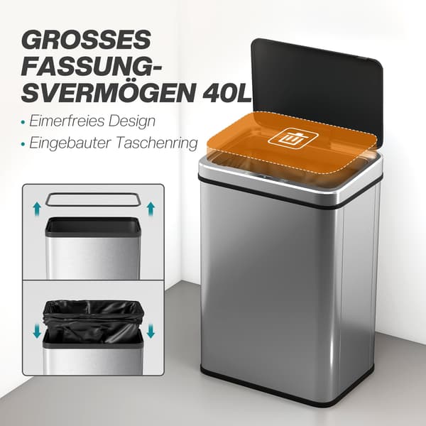 40L berøringsfri sensor skraldespand, rustfrit stål