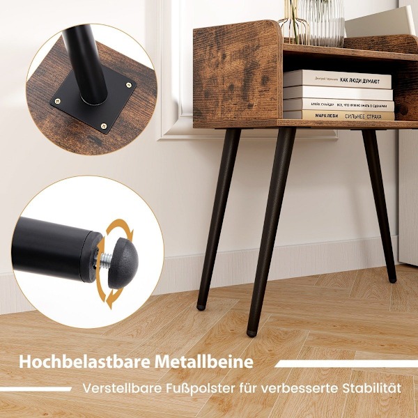 Sengebord sidebord med åbent rum sofabord med metal støtteben 50 x 32 x 58 cm rustik brun 1 stk.