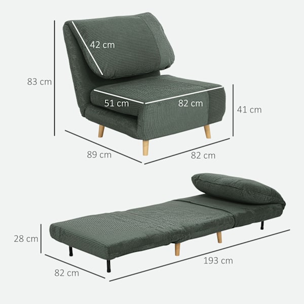 2-i-1 sovesofa, stoleseng, justerbar foldemadras, gæsteseng i fløjlsbukser, til soveværelse, stue, grøn, 82 x 89 x 83 cm