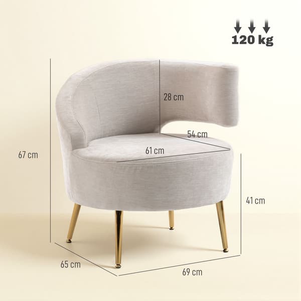 Chenille Lounge Fåtölj med Guldben, Krämvit