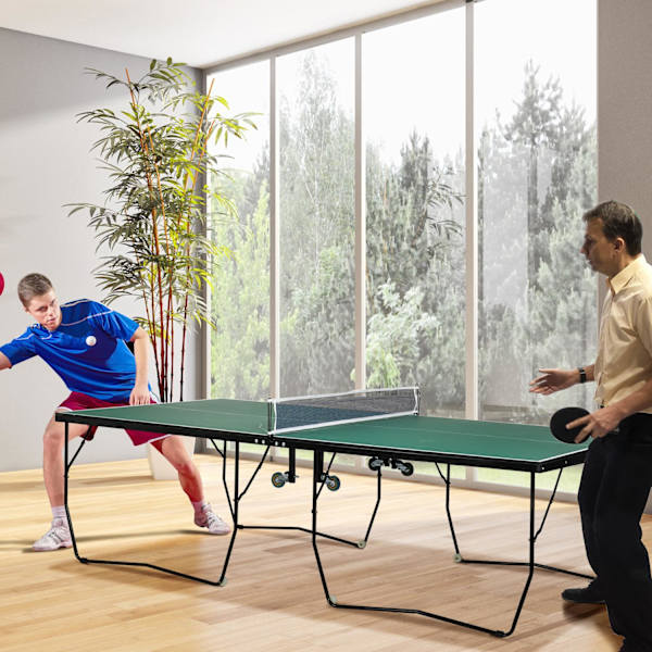 Indoor Pöytätennispöytä Pyörillä Pöytätennispöytä Taitettava Pöytätennispelisetti, Jossa 2 Pöytätennismailaa Ja 3 Palloa, Terästä, Vihreä