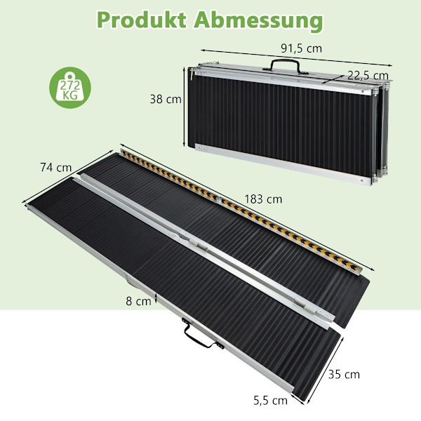 183 x 74 cm rullstolsramp Bärbar & halkskyddad hopfällbar ramp upp till 272 kg lastaluminium
