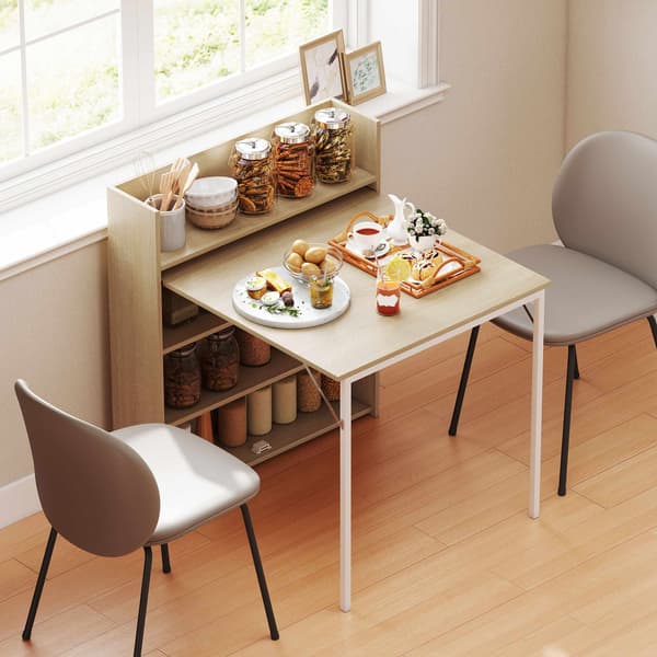 Sammenklappeligt spisebord med hylde, industrielt design, egetræ, pladsbesparende