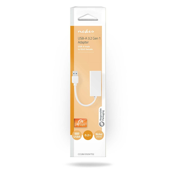 USB-netværksadapter | USB 3.2 Gen 1 | 1 Gbps | USB-A Han | RJ45 Hun | 0.20 m | Runde | Nikkelplateret | Kobber | Hvid | Box