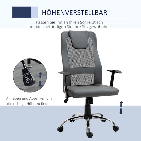Kontorsstol Chefsstol Höjdjusterbar, Ergonomisk, Konstläder, Grå, 66X73X108-118 Cm