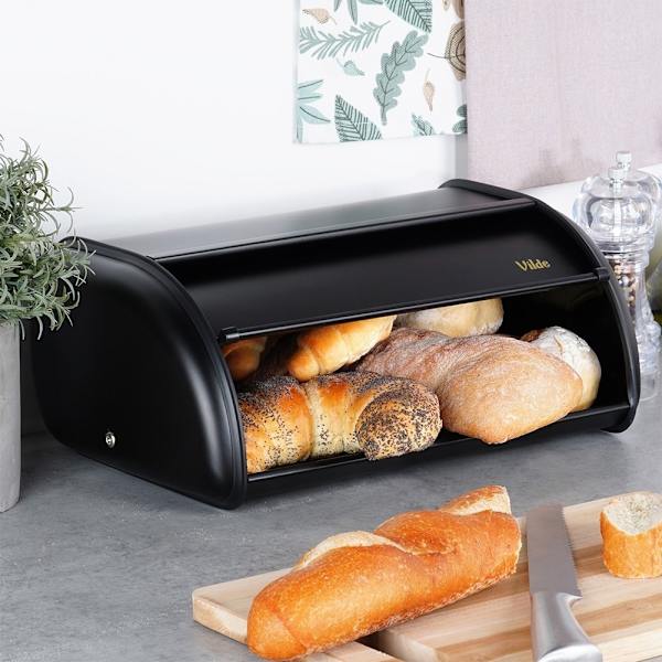 Rummelig brødkasse i elegant sort rustfrit stål