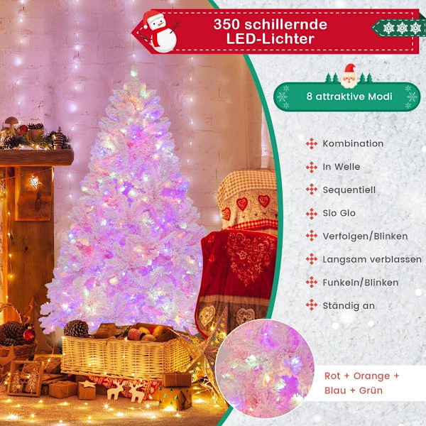 180 cm stort flocket kunstigt juletræ med 808 PVC-grenspidser 350 LED-lys og 8 belysningstilstande