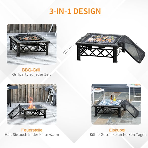 3-I-1 Ildskål Ildkurv Ildsted Med Gnistbeskytter Grillrist Isspand Havegrill Sort 76 X 76 X 47 Cm