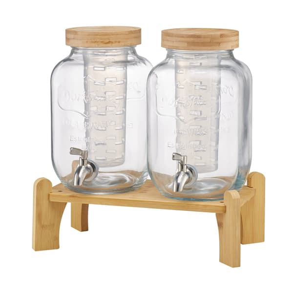Glas drikkevaredispensersæt, 2 x 3,8L, træstativ, tap