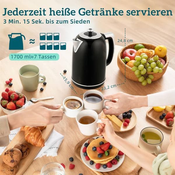 Elkedel- og brødristersæt, LED-display, 1,7L, 2200W, sort