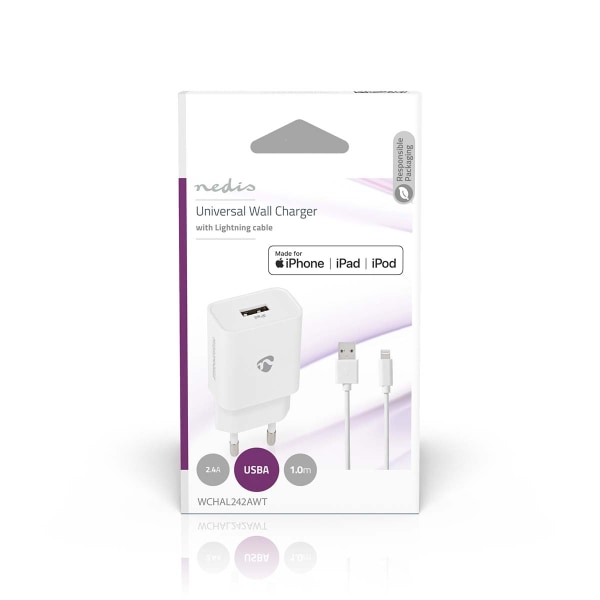 Vægoplader | 12 W | Hurtigopladningsfunktion | 1x 2.4 A A | Antal output: 1 | USB-A | Lightning 8-Pin (Loose) kabel | 1.00 m | Single Voltage Output