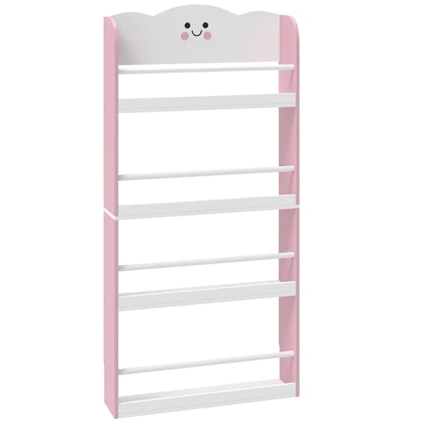 Väggmonterad barnbokhylla, 4 våningar, rosa/vit