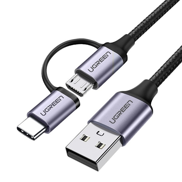2in1 Vahva punottu kaapeli USB - microUSB + USB-C 1m 2.4A musta