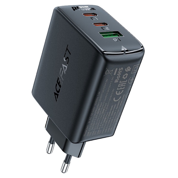 Snabb GaN laddare 2x USB-C USB-A PPS PD QC4+ 65W svart