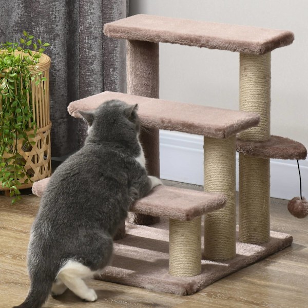Katttrappa, djurtrappa för katter, hundtrappa, 3 steg, med skrapstolpar, lekboll, plysch, brun, 45x40x48cm