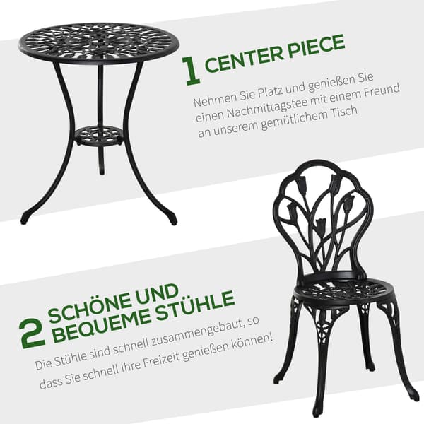 Siddegruppe Til 2, Spisegruppe Med 1 Bord + 2 Stole, Aluminium, Sort