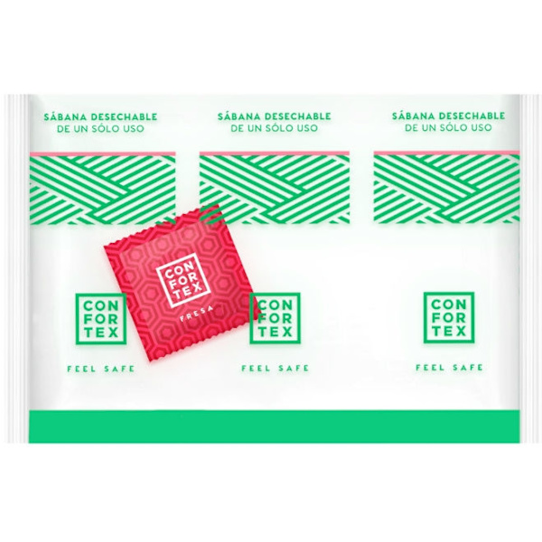 Confortex - Hygieniska engångslakan, individuell påse + jordgubbskondom
