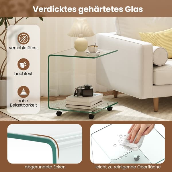 C-format sidobord i härdat glas med hjul