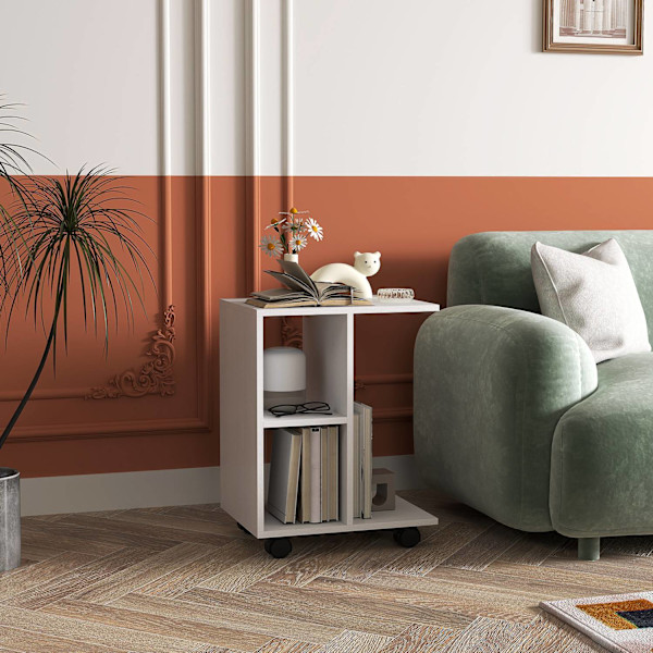 C Shape Sidebord Sofabord med Hjul Sofabord Transportabelt Sofabord til Små Flader 45 x 35 x 58 cm Hvid