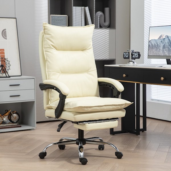 Työtuoli, 155° kallistettava, korkeussäädettävä pöytätuoli kallistustoiminnolla, jalkatuki, ergonominen kääntötuoli, beige