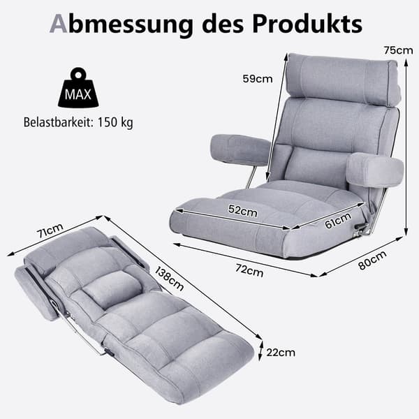 Gulvstol foldesofa med justerbart ryglæn 80 x 72 x 75 cm grå
