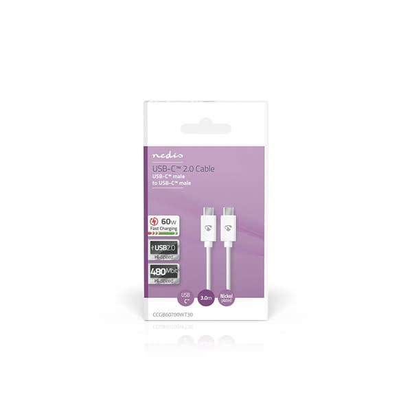 USB-C til USB-C 2.0-kabel, 60W, 3m, hvid, hurtig dataoverførsel