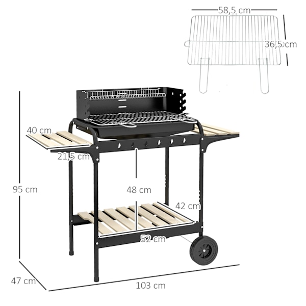 Hiiligrilli metallista BBQ-savustin pyörillä, korkeussäädettävä grilliritilä, puinen hylly, siirrettävä grillivaunu hiiligrilli, hiiligrilli grilliret