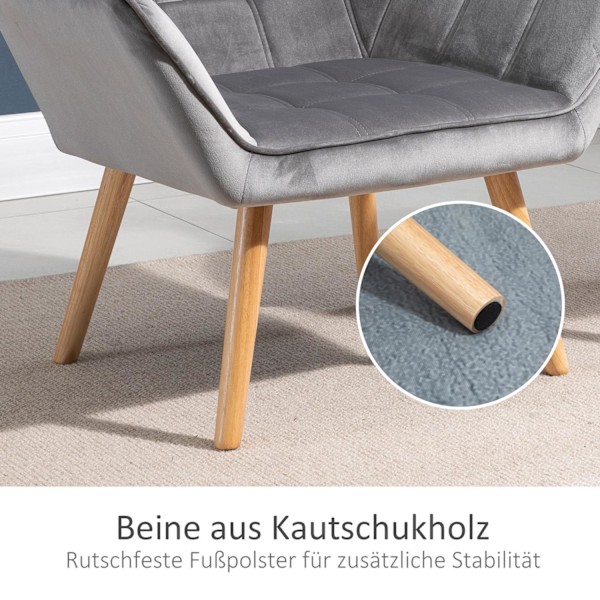 Enkelfåtölj vingstol relaxstol fåtölj med sammetsupphöjda ben sammetsliknande polyester skandinavisk grå 64 x 62 x 72,5 cm