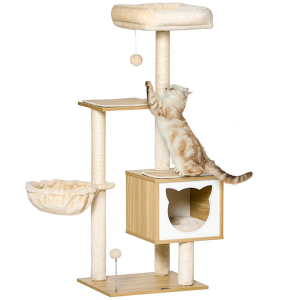 Beige Cat Tree Cat Cave Platform Puulastulevy Sisal 126Cm Korkeus